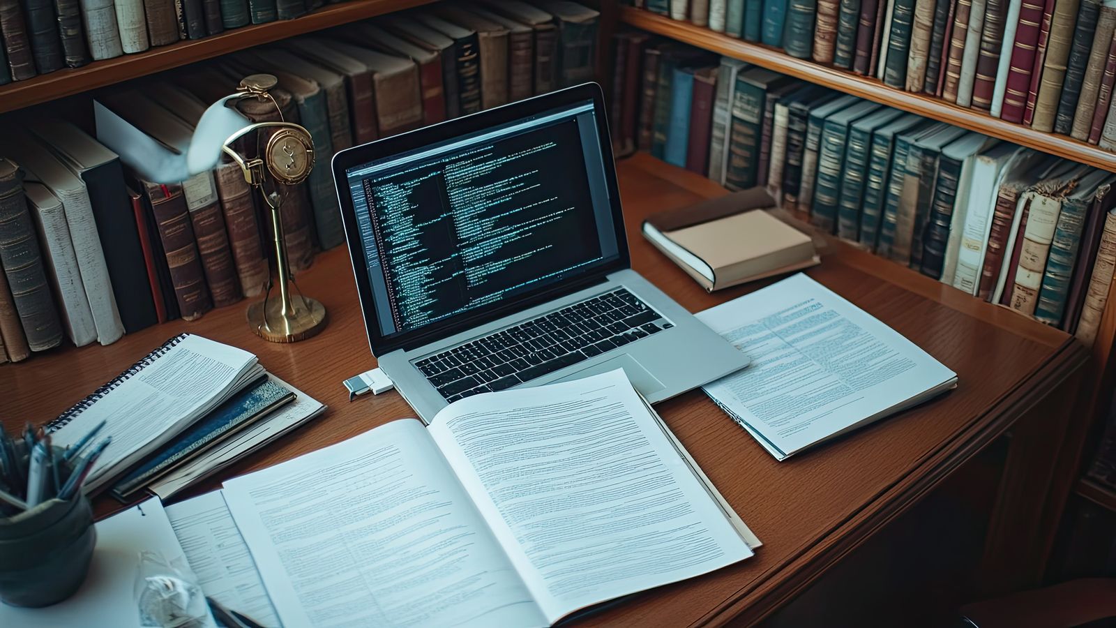 Technical workspace with reference guides and documentation